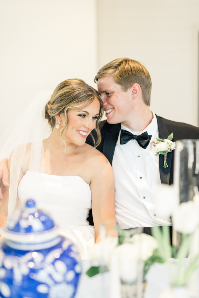 The bride and groom share a moment during their Southern wedding.