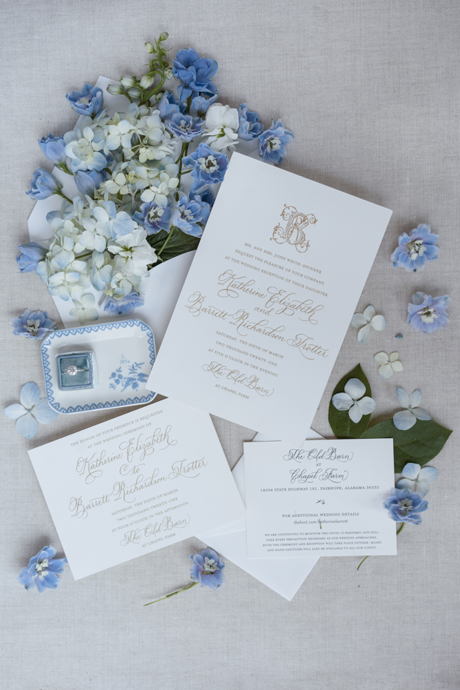 The wedding stationery suite is captured in a lay flat for this Southern blue wedding.