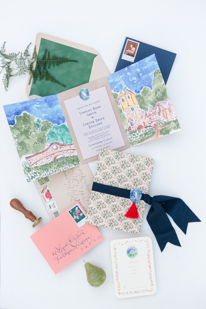 Southern wedding invitations by My Lady Dye in Fairhope are perfect for a fairy tale wedding.