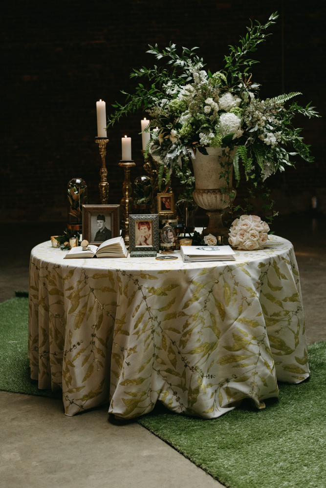 The entrance table styled by Dorothy McDaniel's Flower Market is beautiful in B&A Warehouse.