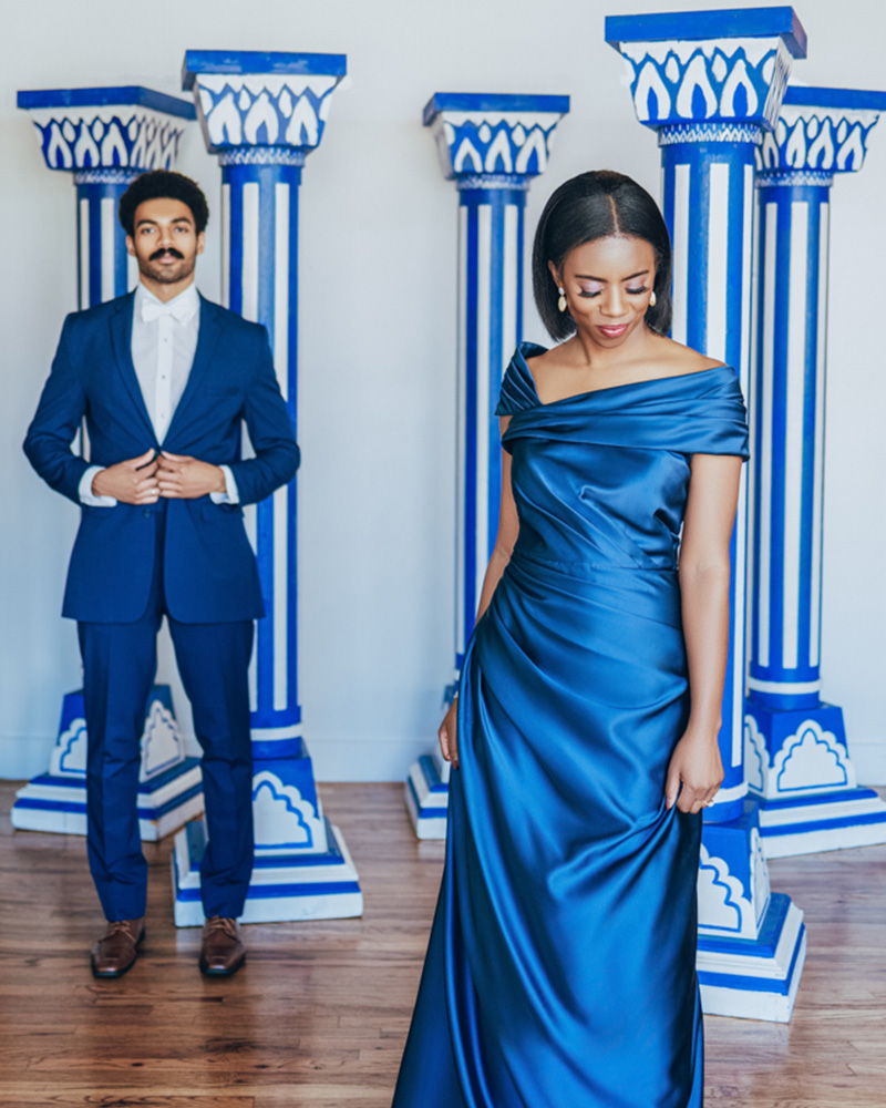 Wedding guests wear blue attire for a Southern wedding reception at The Fennec in Birmingham.