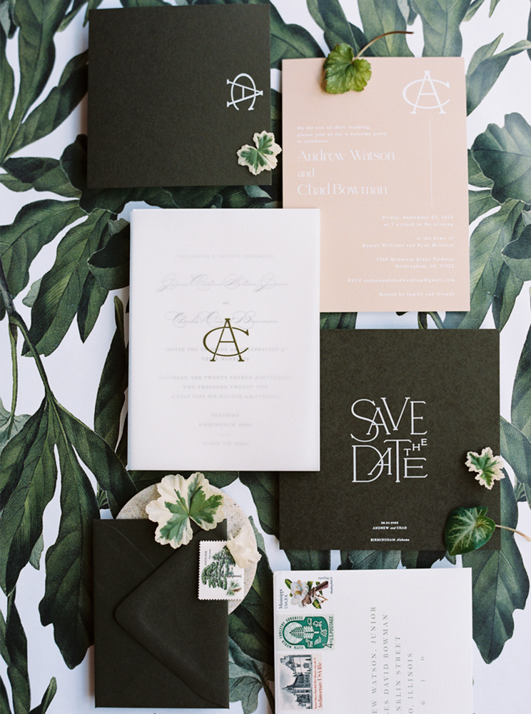 The modern wedding invitations for this LGBTQ+ wedding are styled in a lay flat.