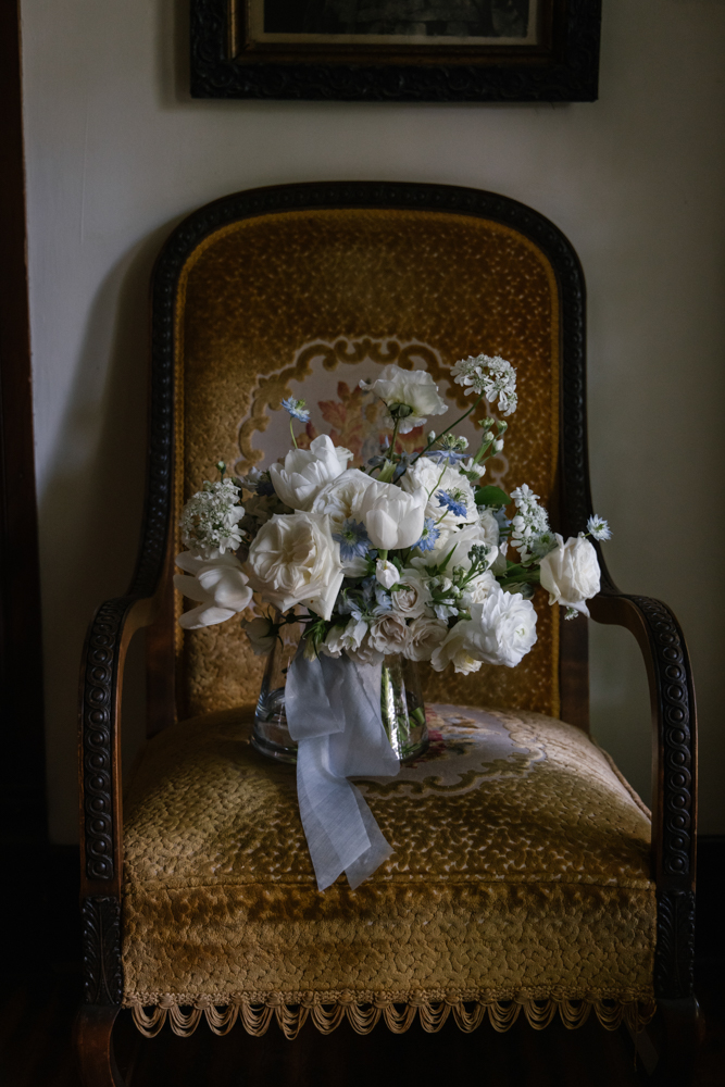 The bouquet is photographed on a chair in a family home in Huntsville.