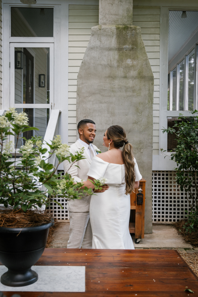 The bride and groom share a first look before their Huntsville wedding.