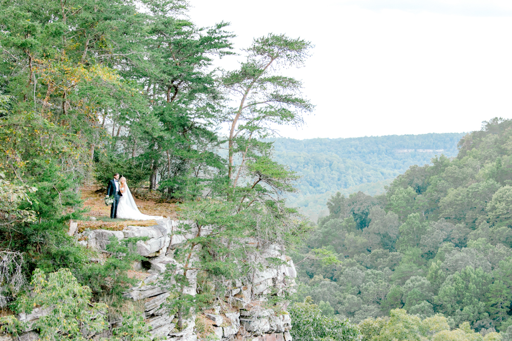 The bride and groom admire the view at Burns Bluff at High Falls in Alabama.