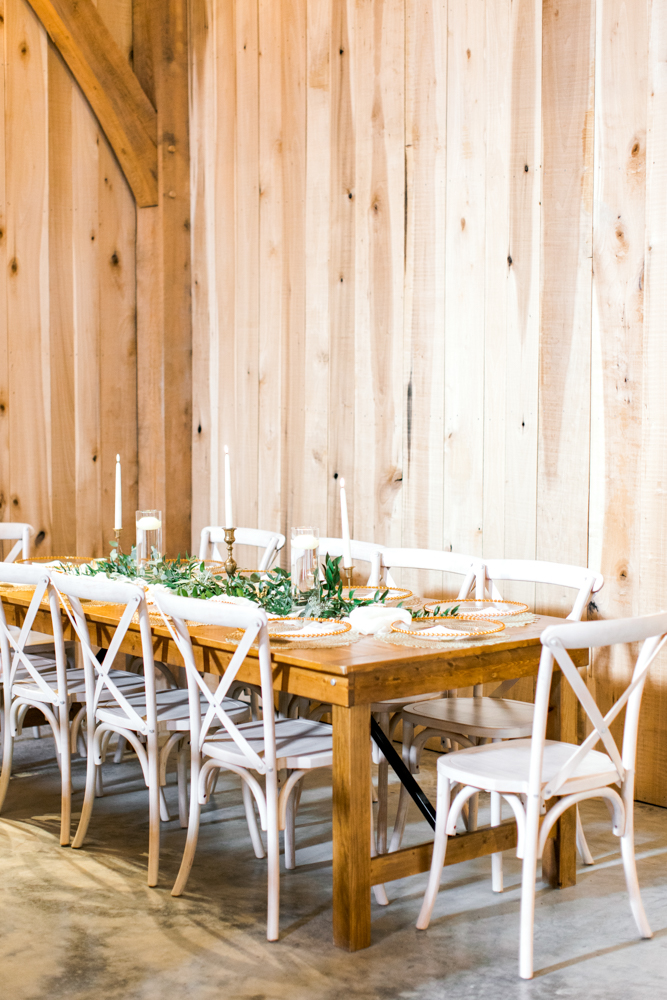 The table is set for the Southern wedding reception at Burns Bluff at High Falls.