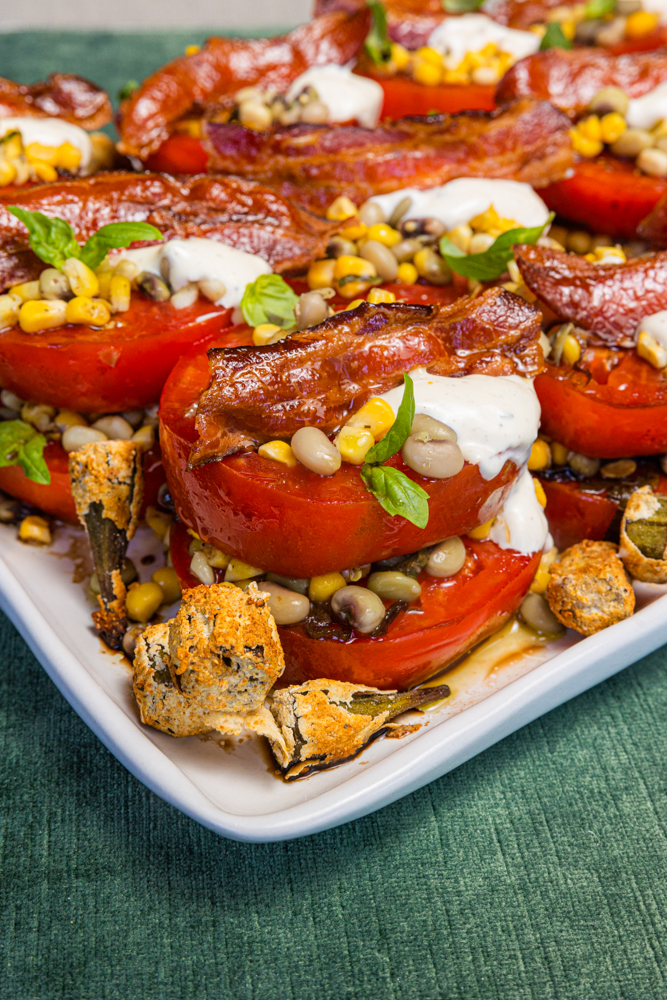 Hastings Catering prepares heirloom tomato stacks for a Southern wedding reception.