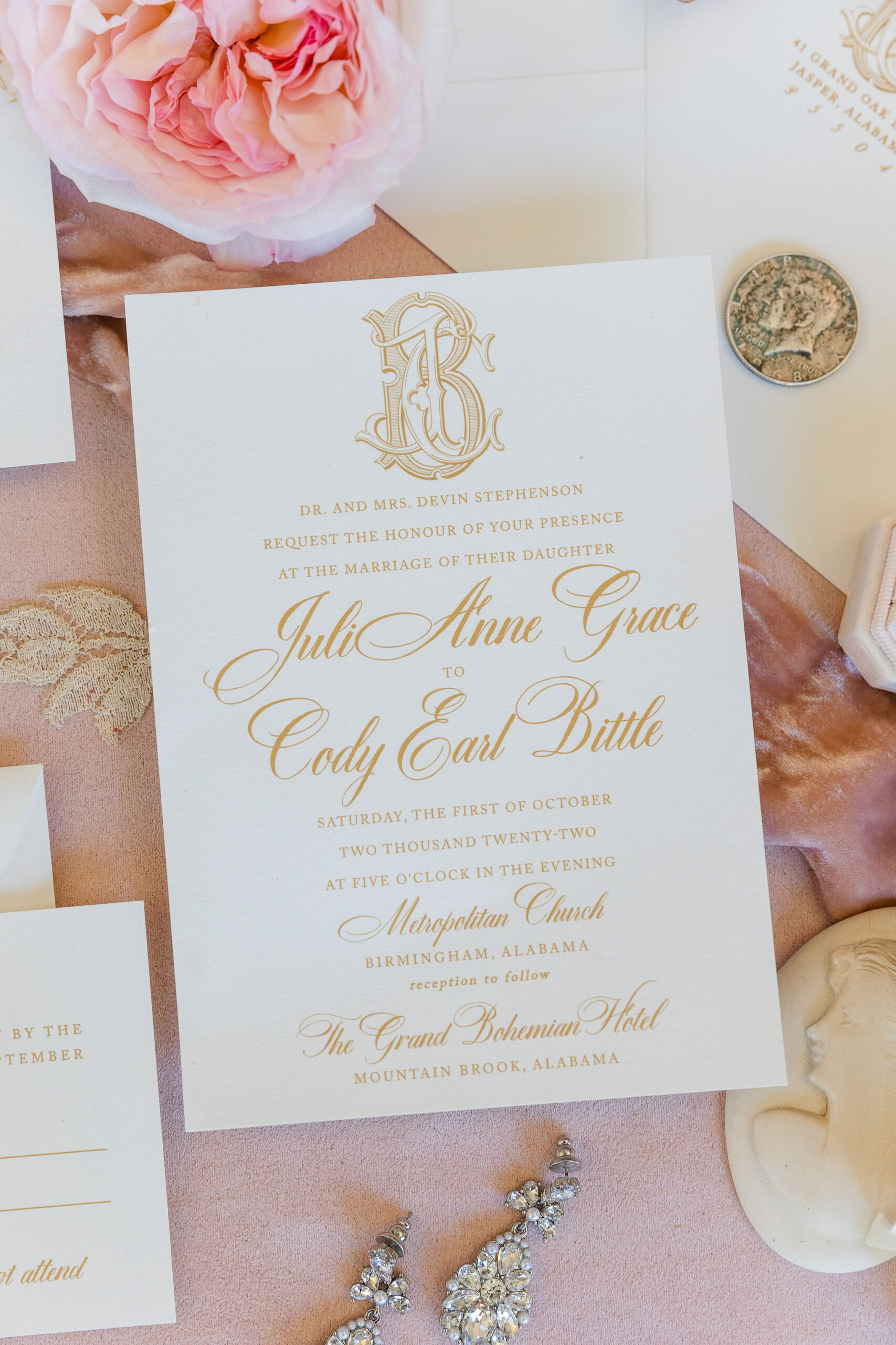 The Southern wedding invitations are photographed in a lay flat style.