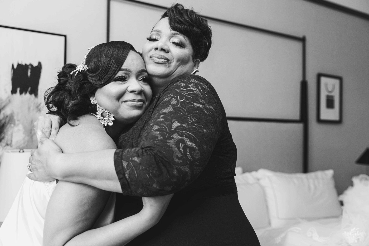 The mother of the bride embraces her daughter at The Valley Hotel in Homewood, Alabama.