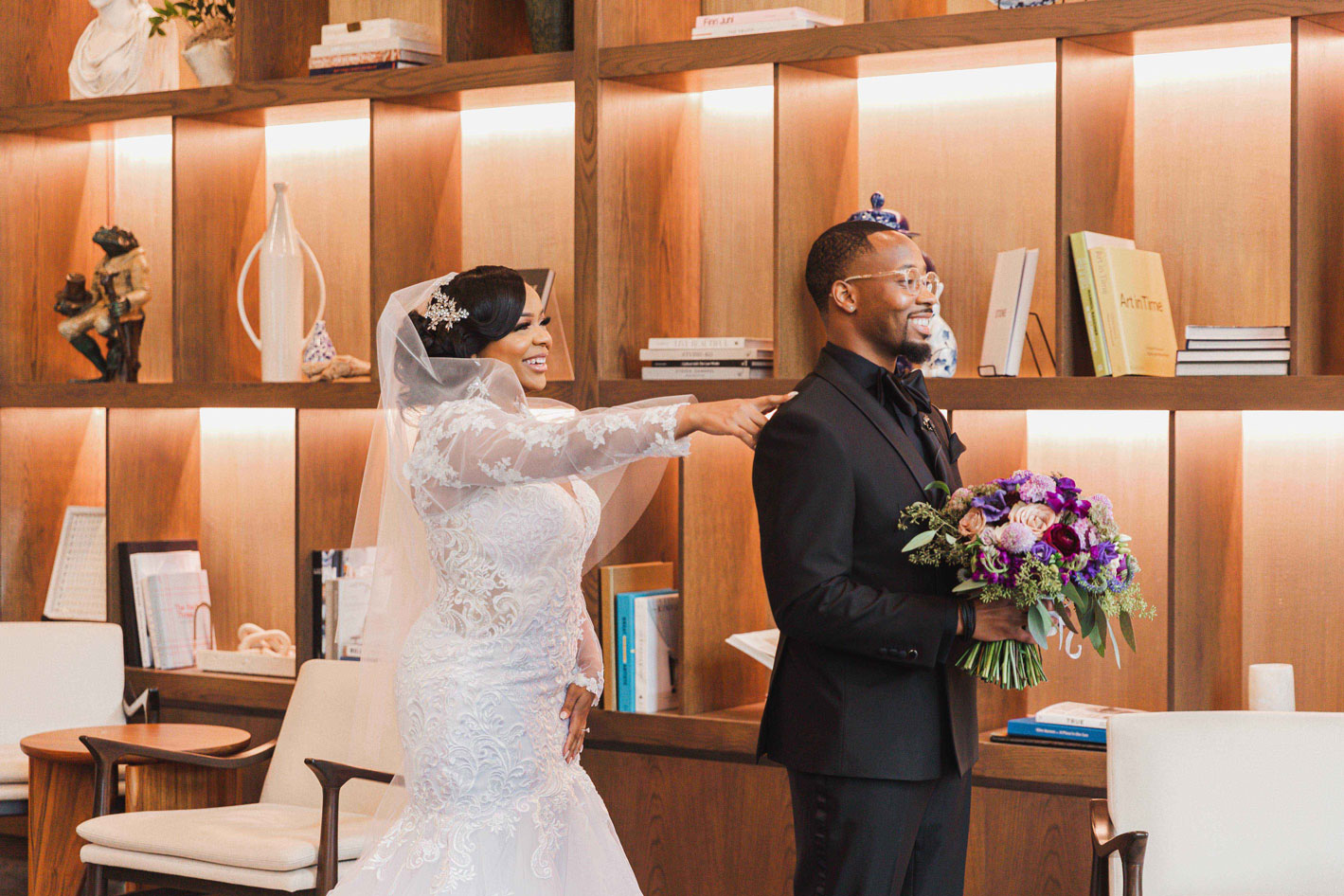 The bride surprises her groom with a first look at The Valley Hotel in Birmingham, Alabama.