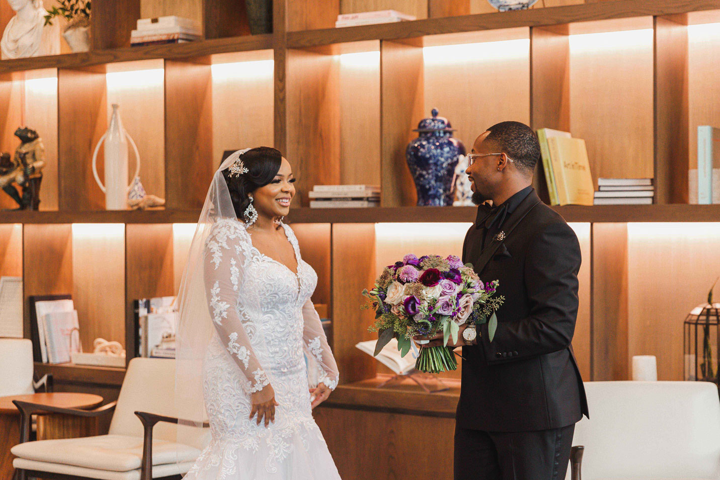 The groom sees the bride ring first look at The Valley Hotel in Homewood, Alabama.