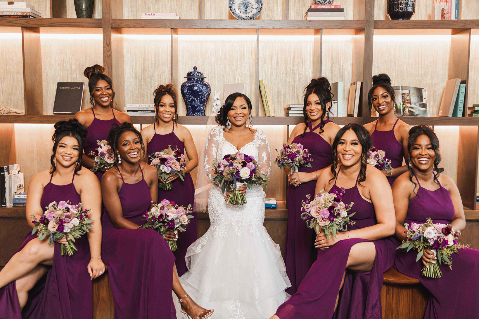 The bridesmaids smile with the bride at The Valley Hotel in Homewood.