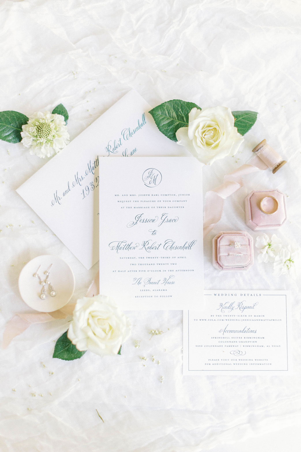 The Southern wedding invitations are photographed in a lay flat style.