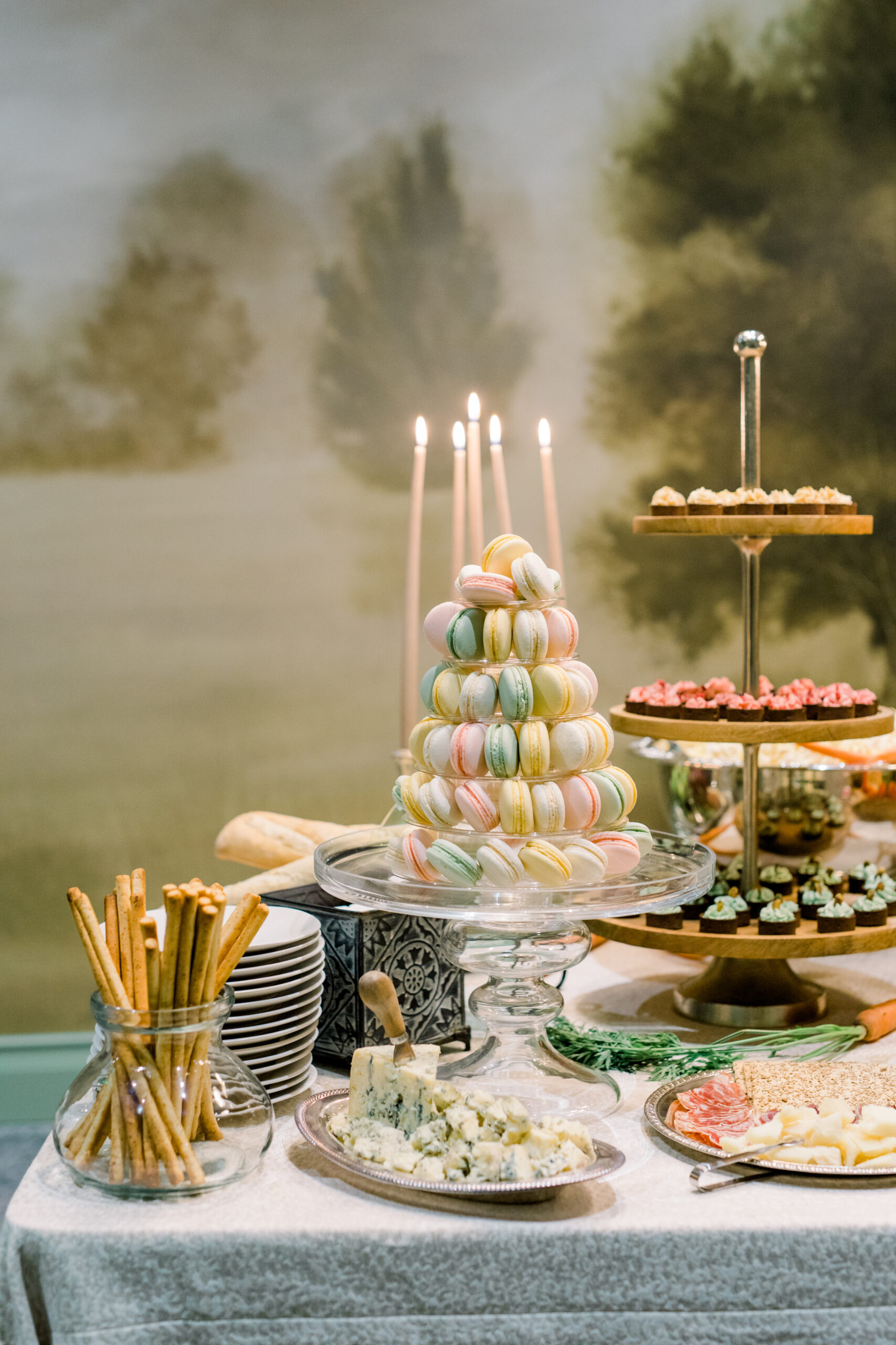 Macarons, cheeses, and charcuterie are set for the Alabama Weddings party.