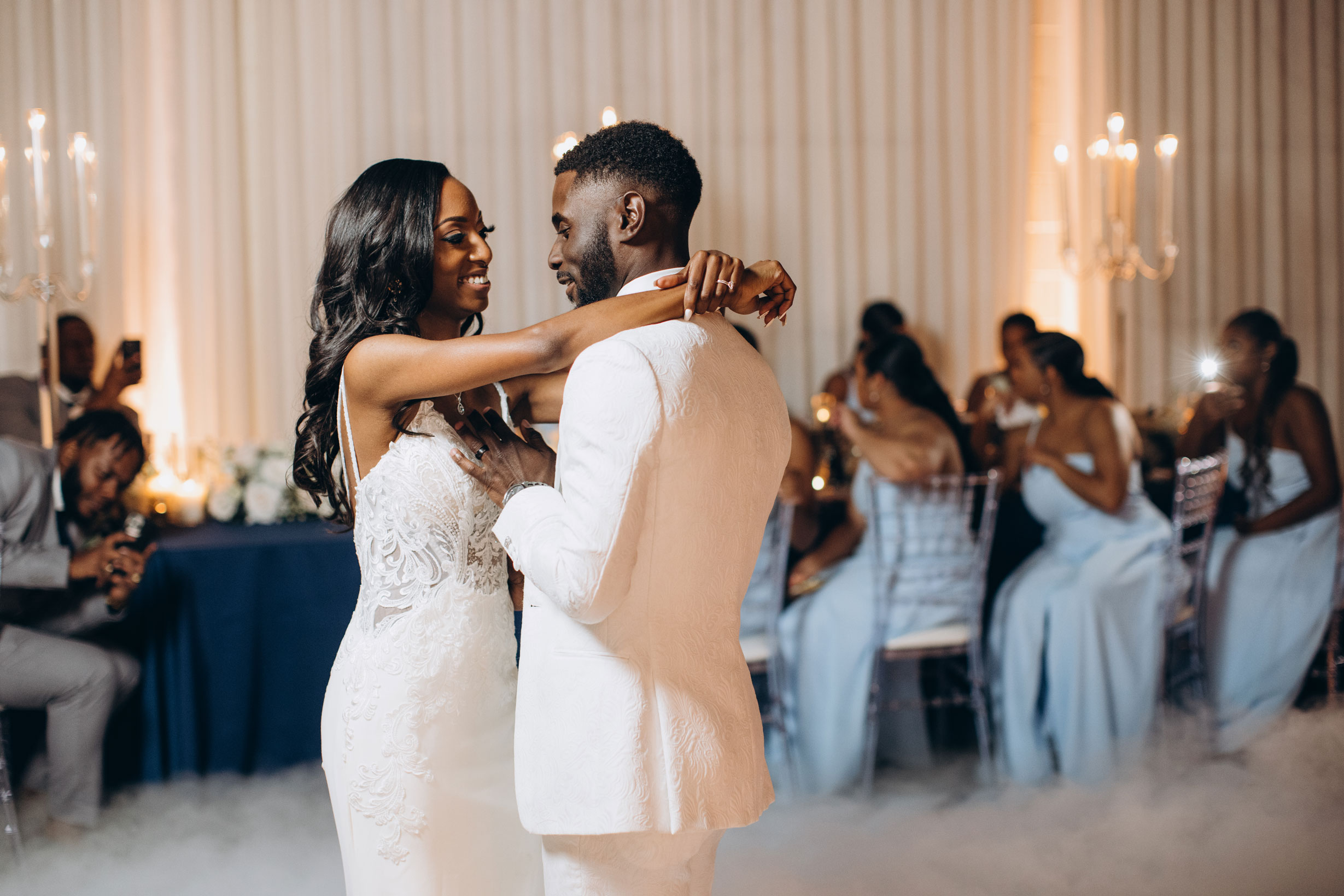 The bride and groom share their first dance during their Birmingham wedding.