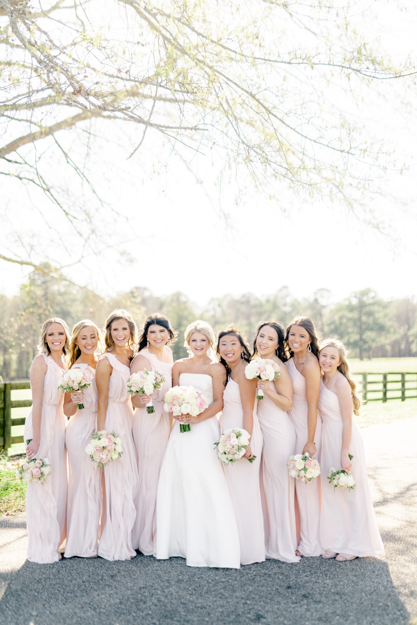 The bridesmaids stand with the bride on a spring day at Marsgate.