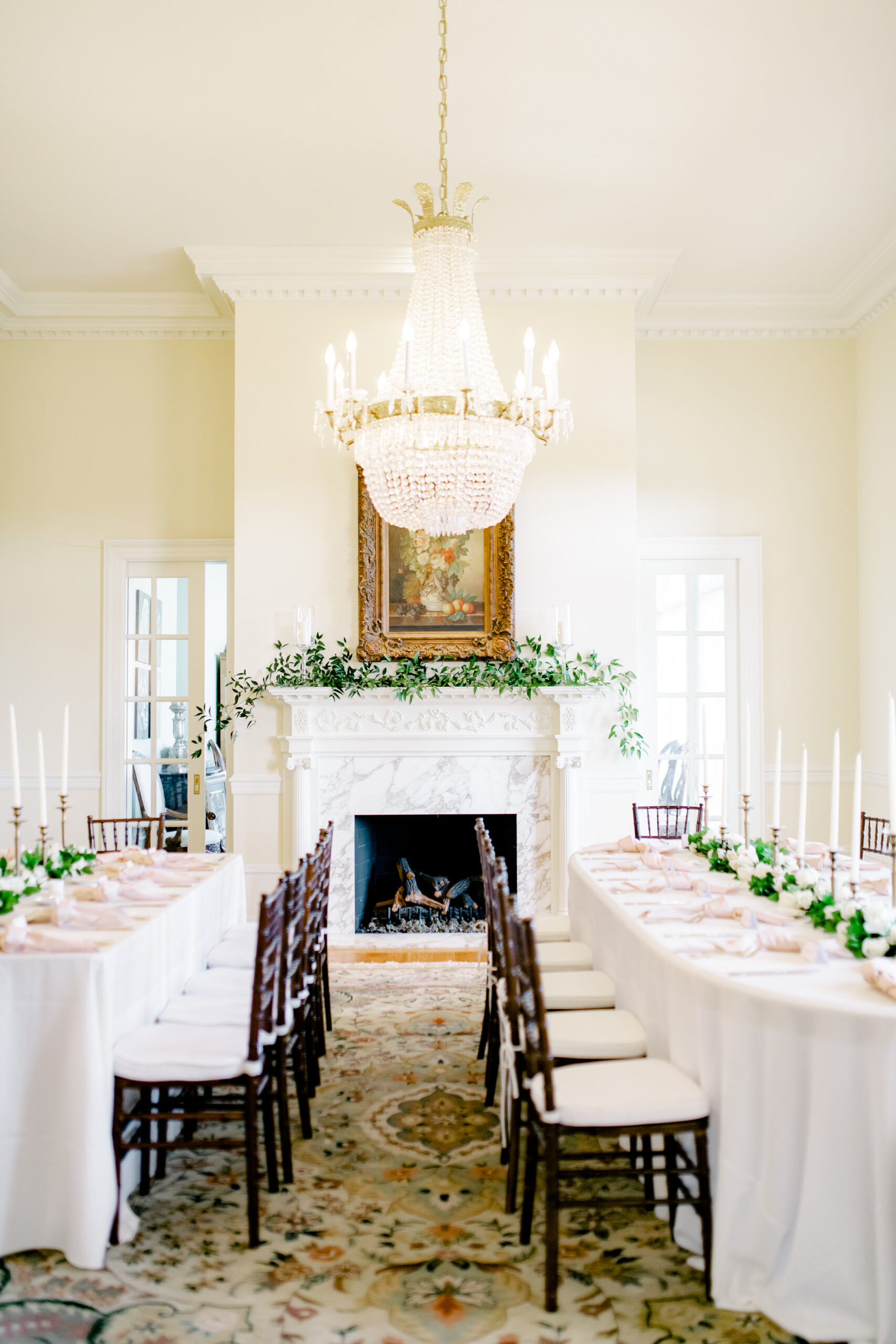 The wedding reception is set in the dining room at Marsgate in Alabama.