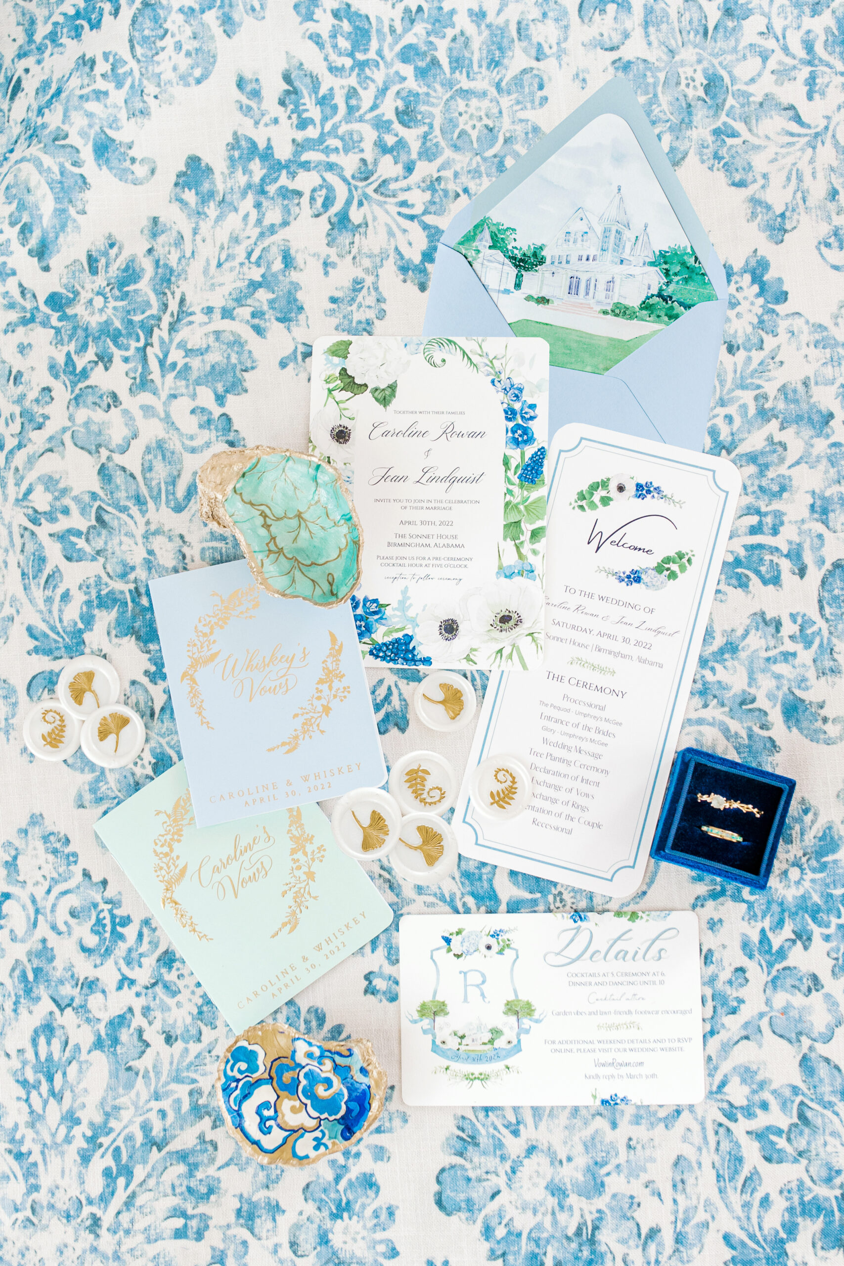 The Southern wedding invitations are photographed in a lay flat style.