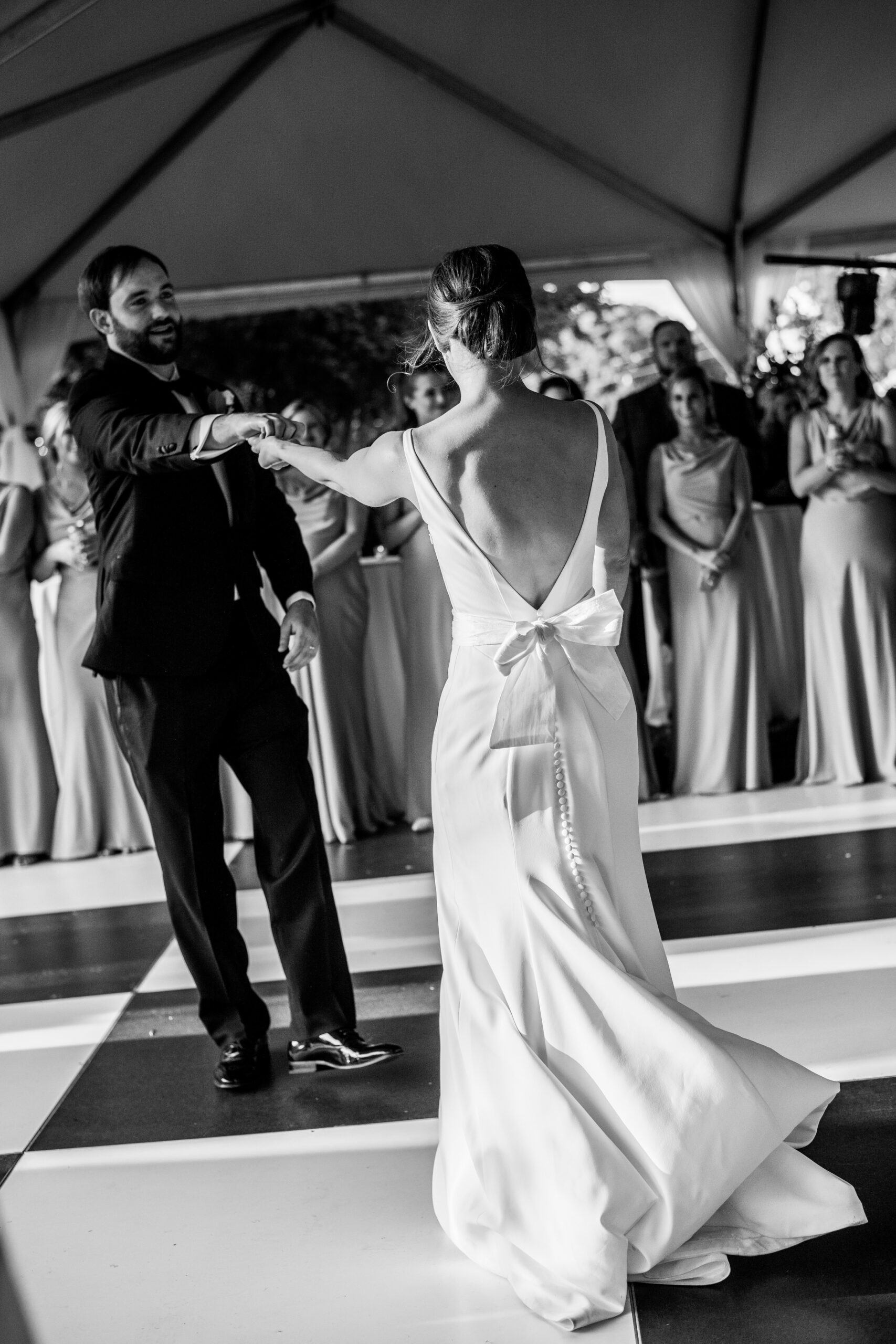 The bride and groom share a first dance during their North Alabama wedding reception.