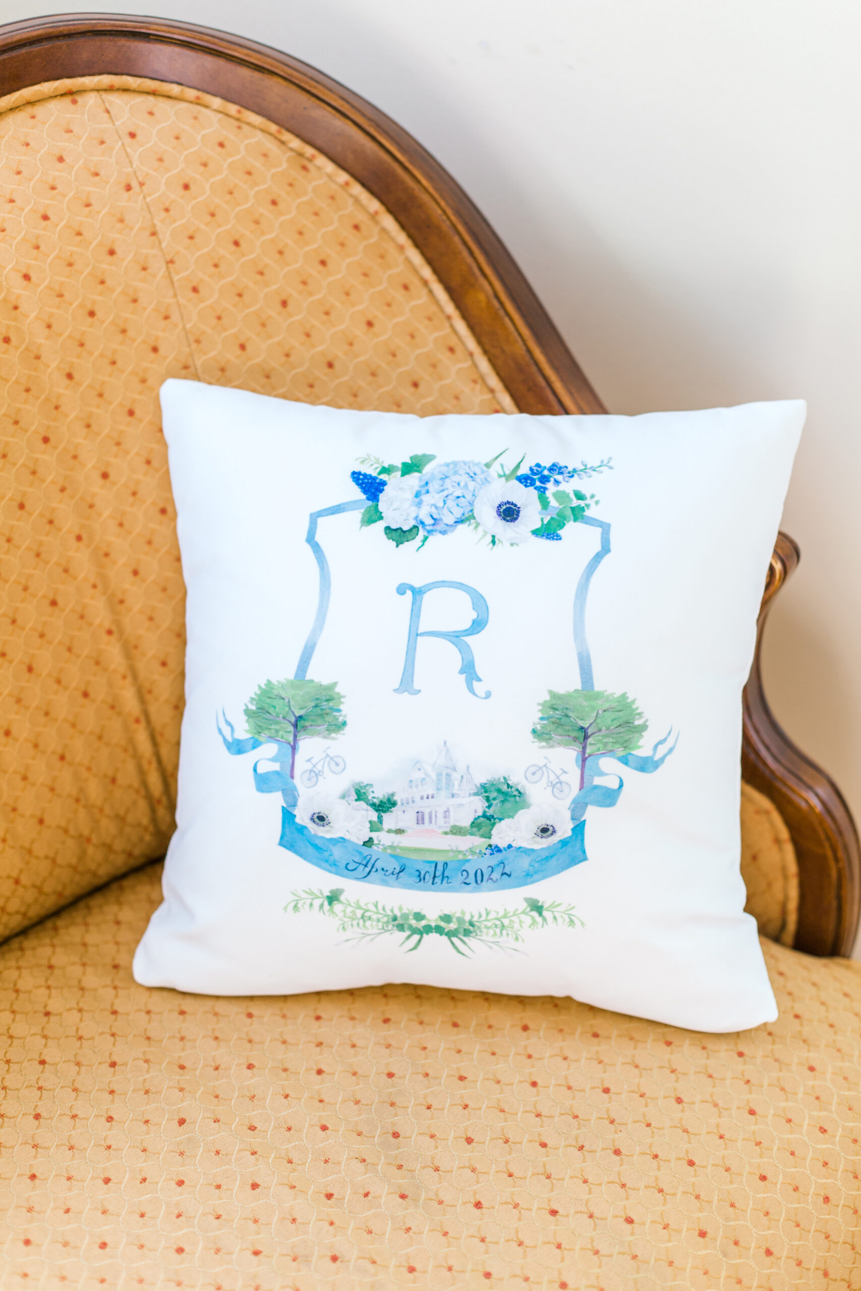 A pillow is custom monogrammed for the Southern wedding.