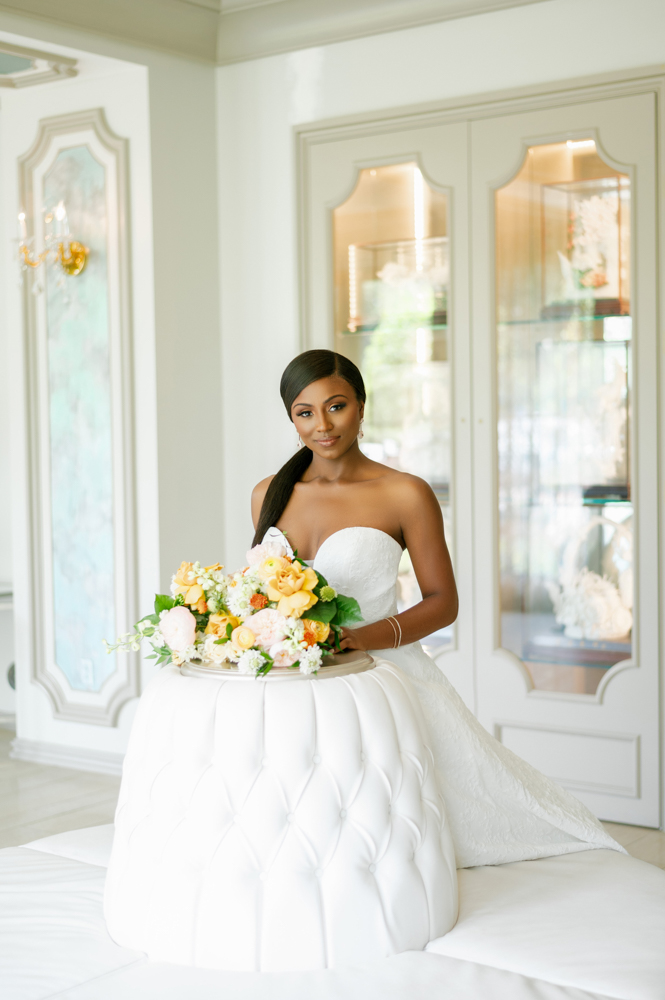 The bride holds her bouquet at Grand Bohemian Hotel Mountain Brook.