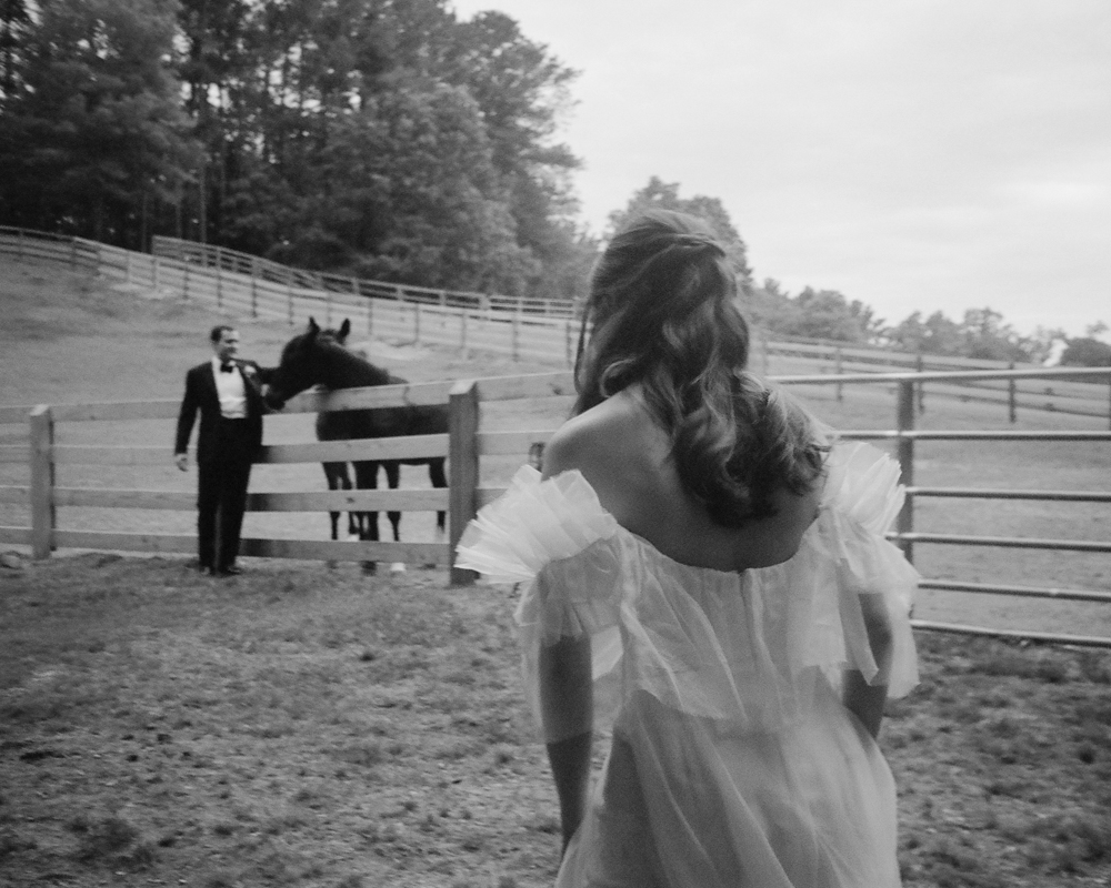 The groom pets a horse as the bride approaches him at Windwood Equestrian.