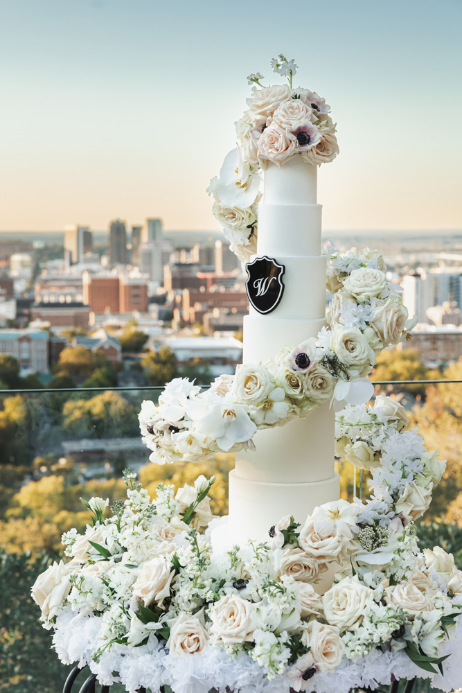 The beautiful wedding cake overlooks downtown Birmingham, Alabama.