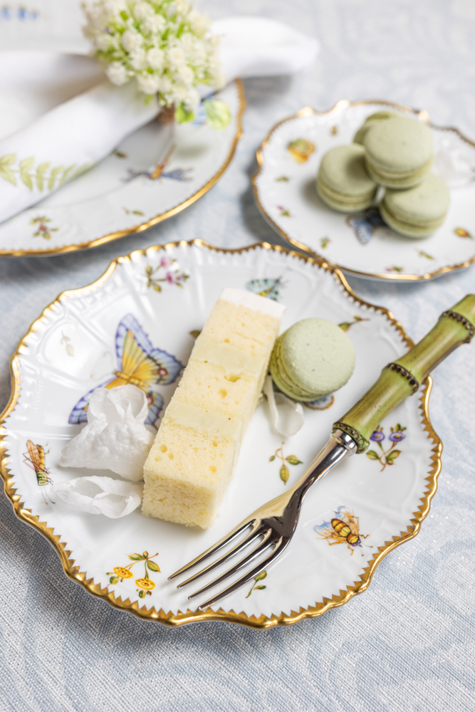 Wedding cake slices and sweets on fine china from Bromberg's in Alabama.