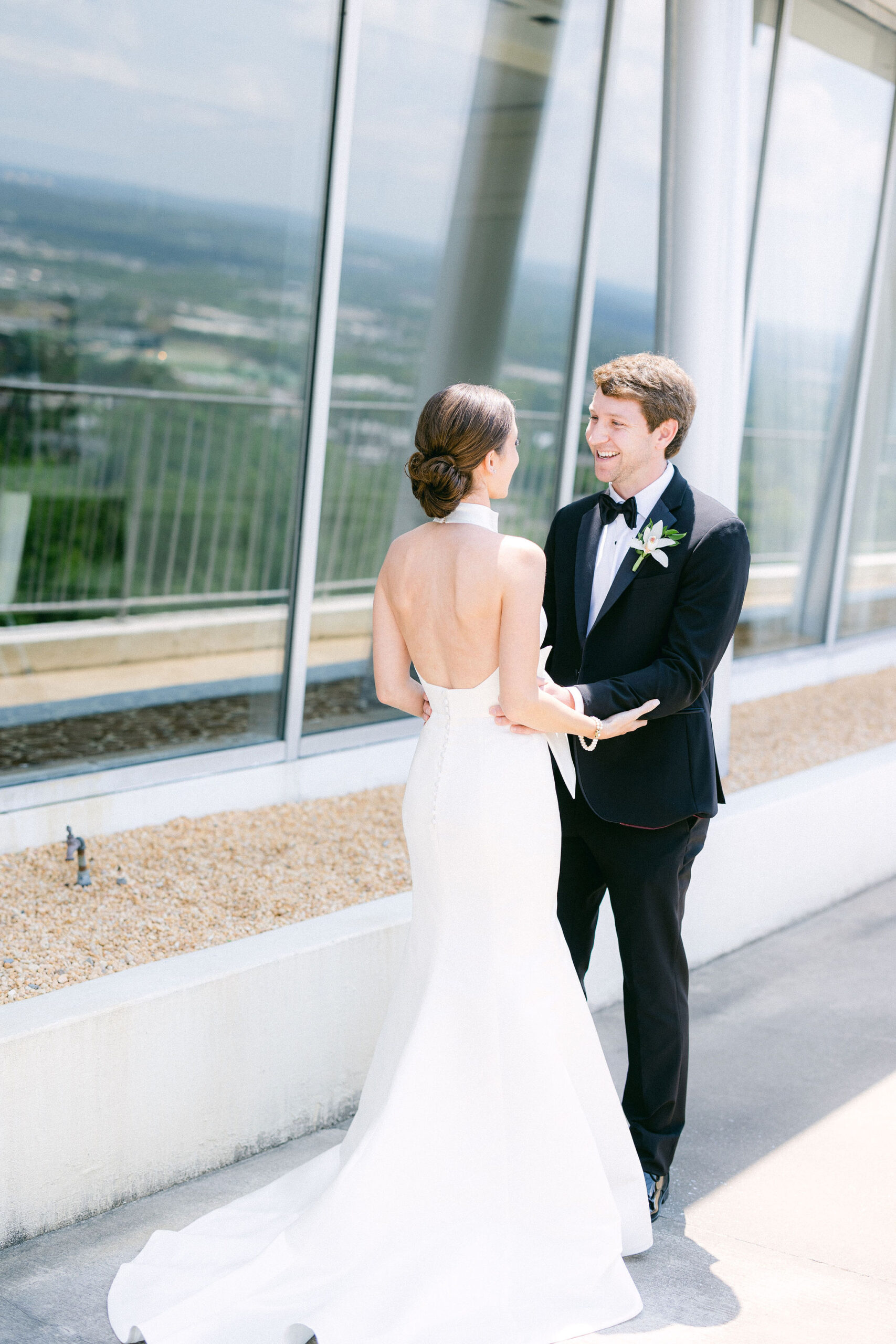 The bride and groom share a first look at their wedding in Alabama.