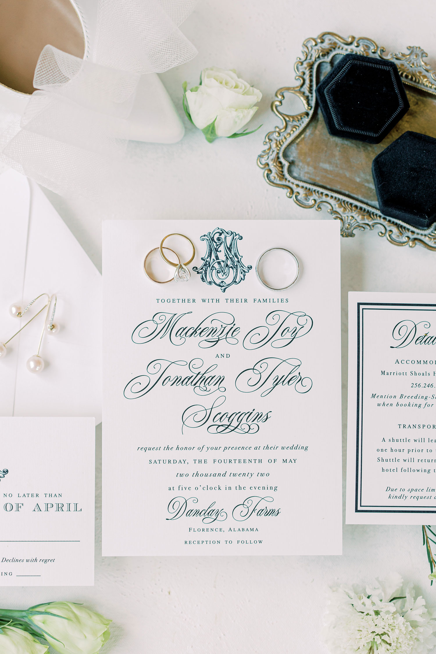 The Southern wedding invitations are classic white and blue.