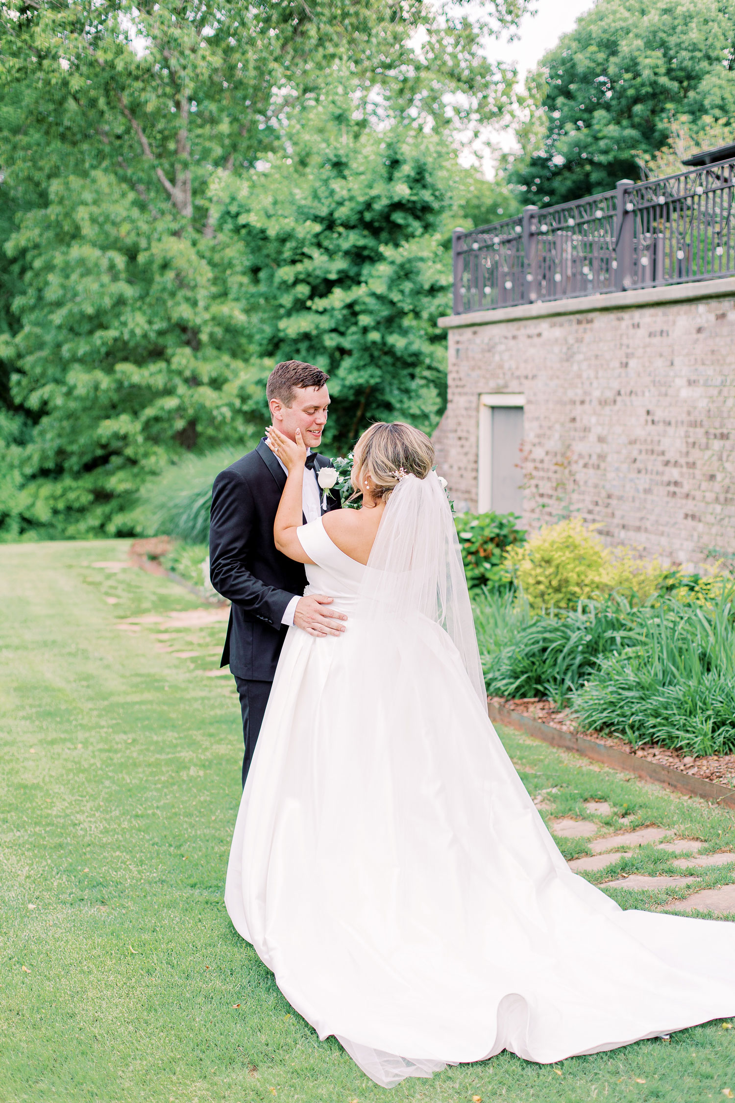 The bride and groom have a first look before the Alabama wedding ceremony.